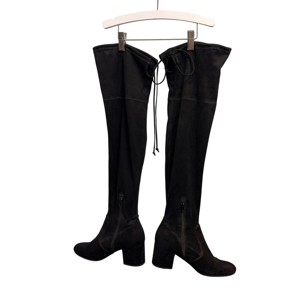 Womens Black Faux Suede Over The Knee Block Heel Boots Tie Back Size 8.5